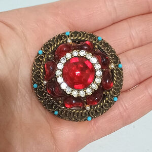 Vintage Signed SA Dome Brooch Red Jewels White Rhinestones Gold Tone READ